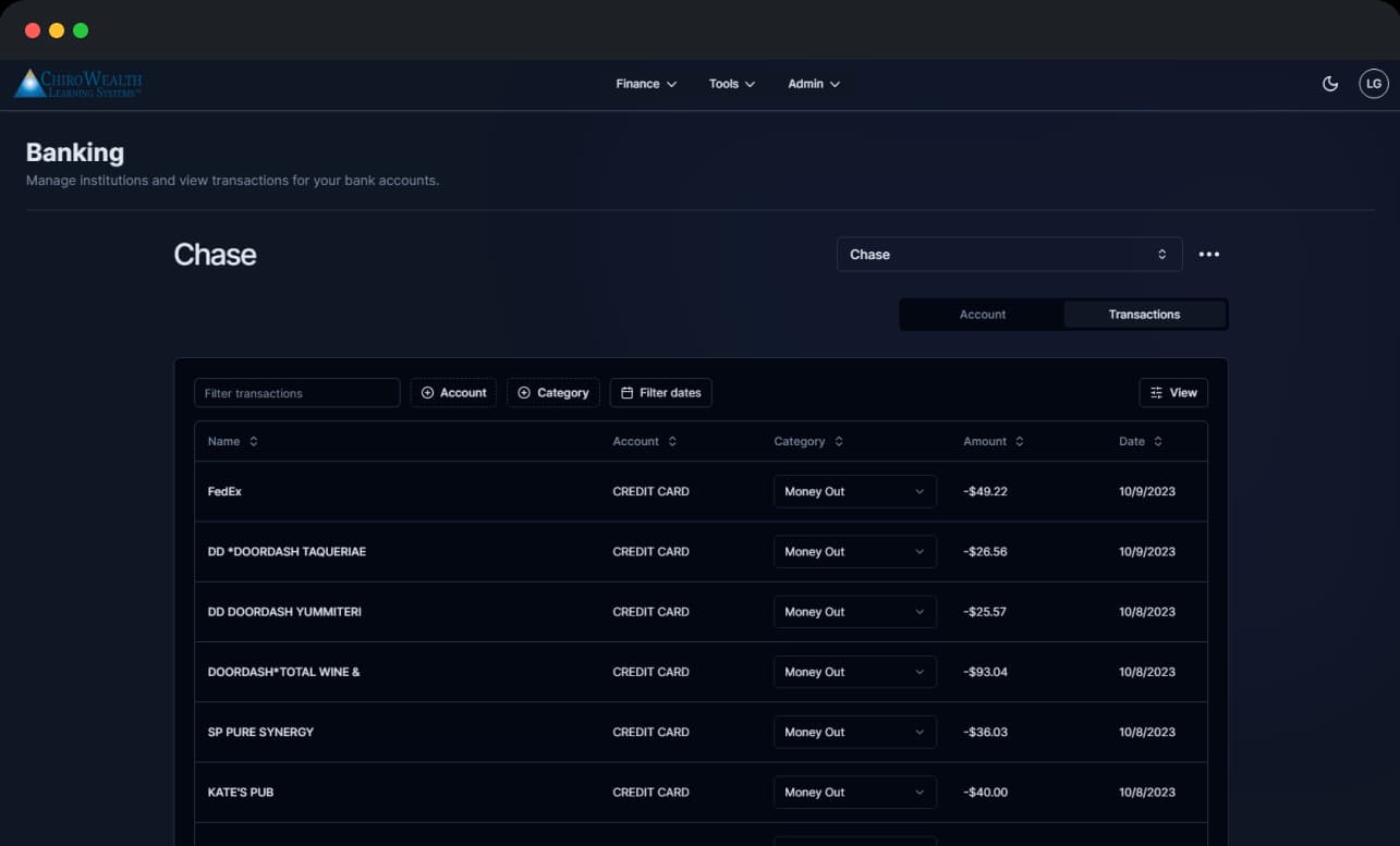Mock of banking feature in Wealth Accelerator